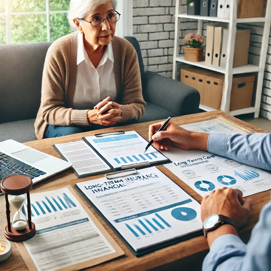 DALL·E 2024-07-29 01.47.15 - A caregiver meeting with a financial advisor in an office setting, discussing long-term care insurance and financial strategies, with charts and docum