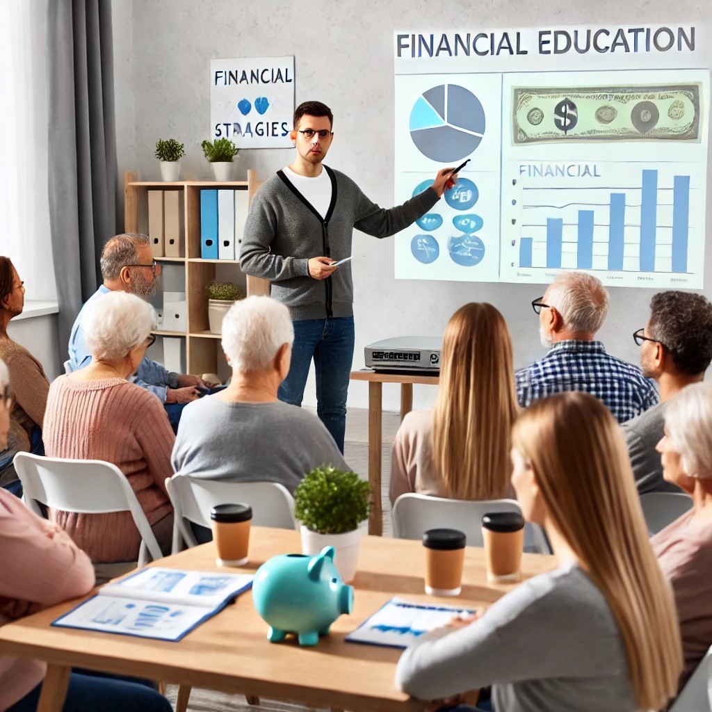 DALL·E 2024-07-29 01.47.17 - A caregiver attending a financial education workshop with a group of people, a presenter explaining financial strategies with a projector and charts i