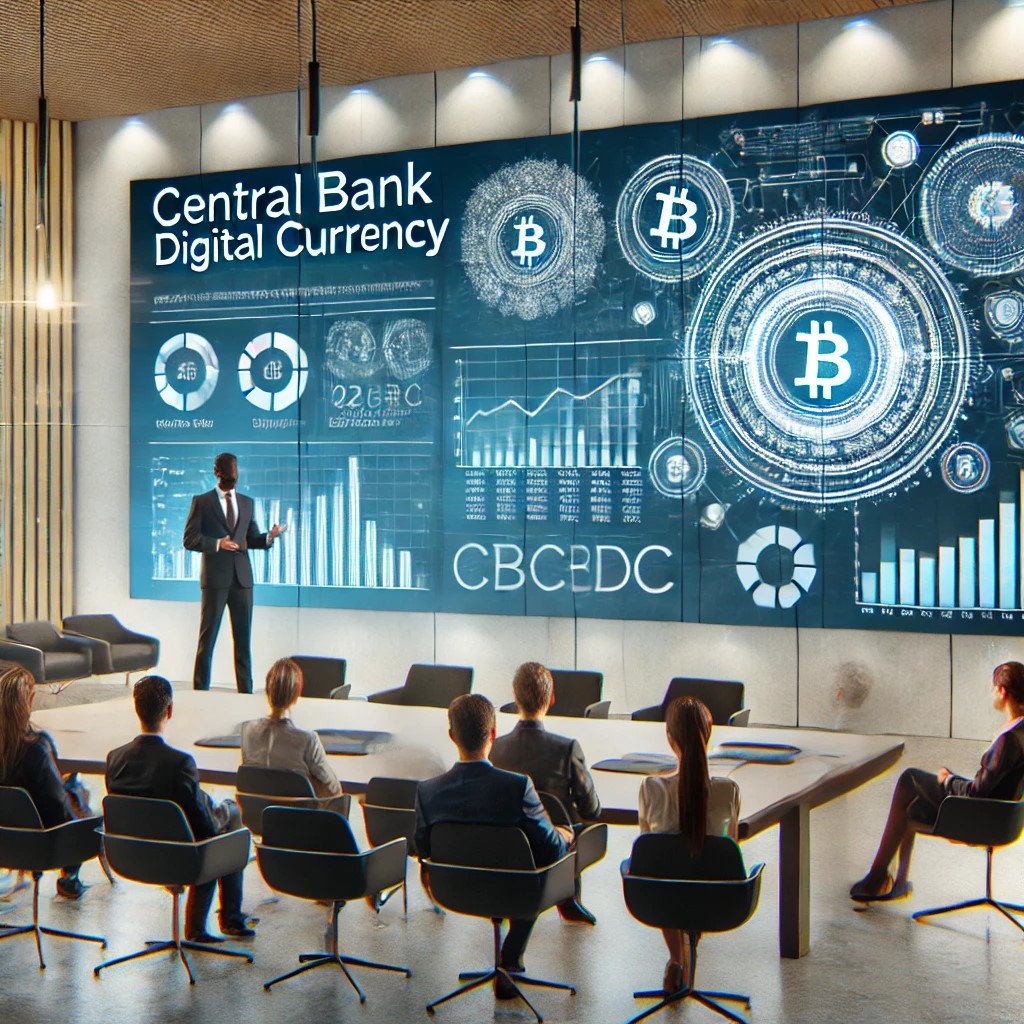 DALL·E 2024-07-28 10.04.09 - A central bank digital currency (CBDC) presentation in a modern conference room. The setting includes screens showing digital currency data and graphs