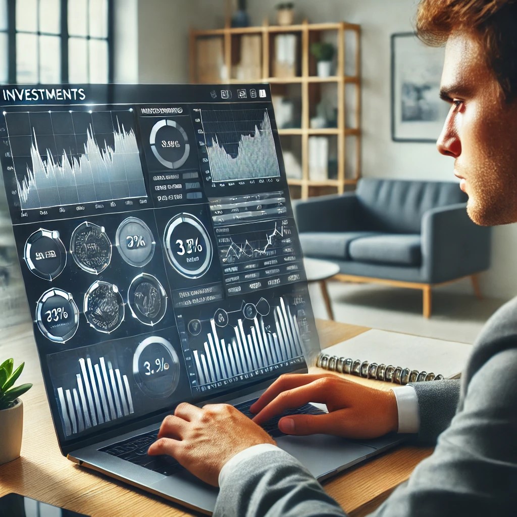 DALL·E 2024-07-27 12.52.06 - A young professional working on a laptop to manage investments. The screen shows a dashboard with various investment portfolios and performance graphs