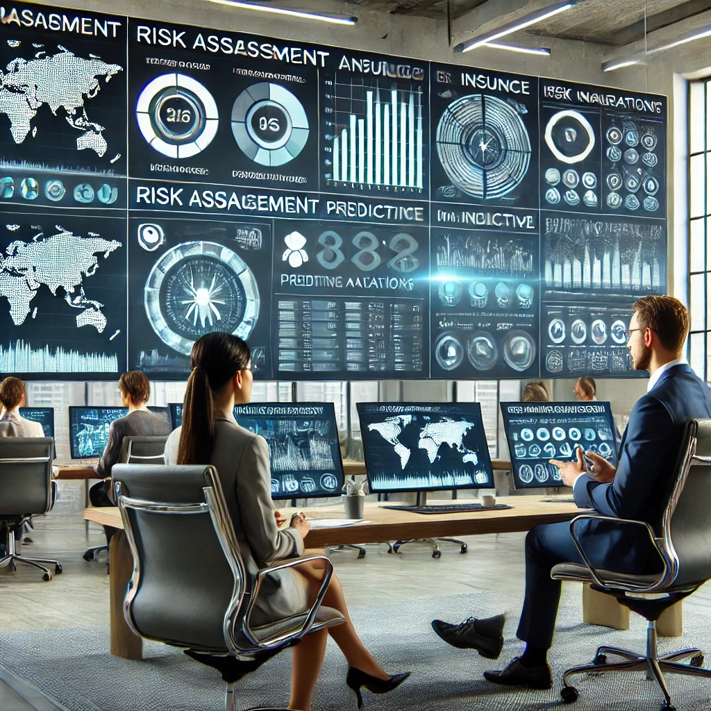DALL·E 2024-07-27 09.30.48 - A futuristic financial office with a financial advisor and a client discussing risk management strategies. Multiple screens display risk assessment ch