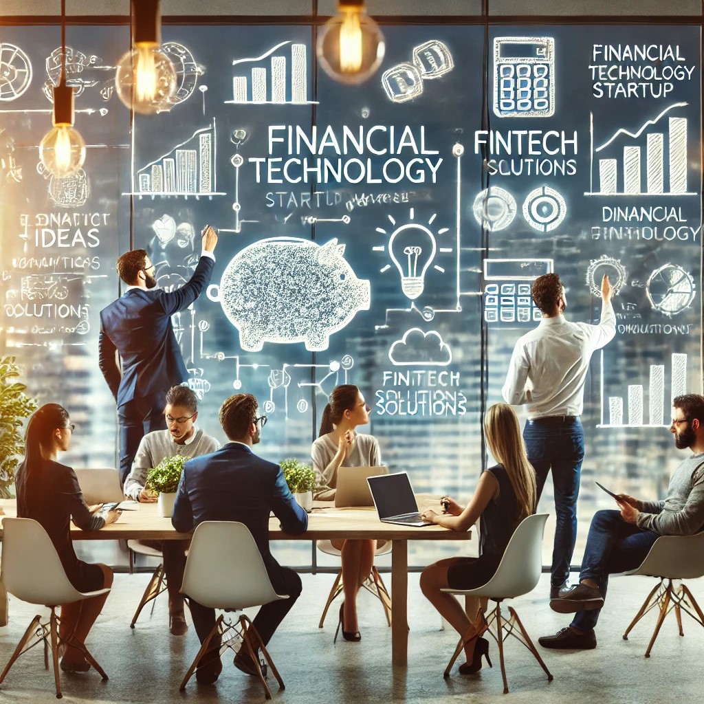 DALL·E 2024-07-28 09.05.05 - A financial technology startup team in an emerging market brainstorming in a modern office. The setting includes whiteboards with ideas, laptops, and 