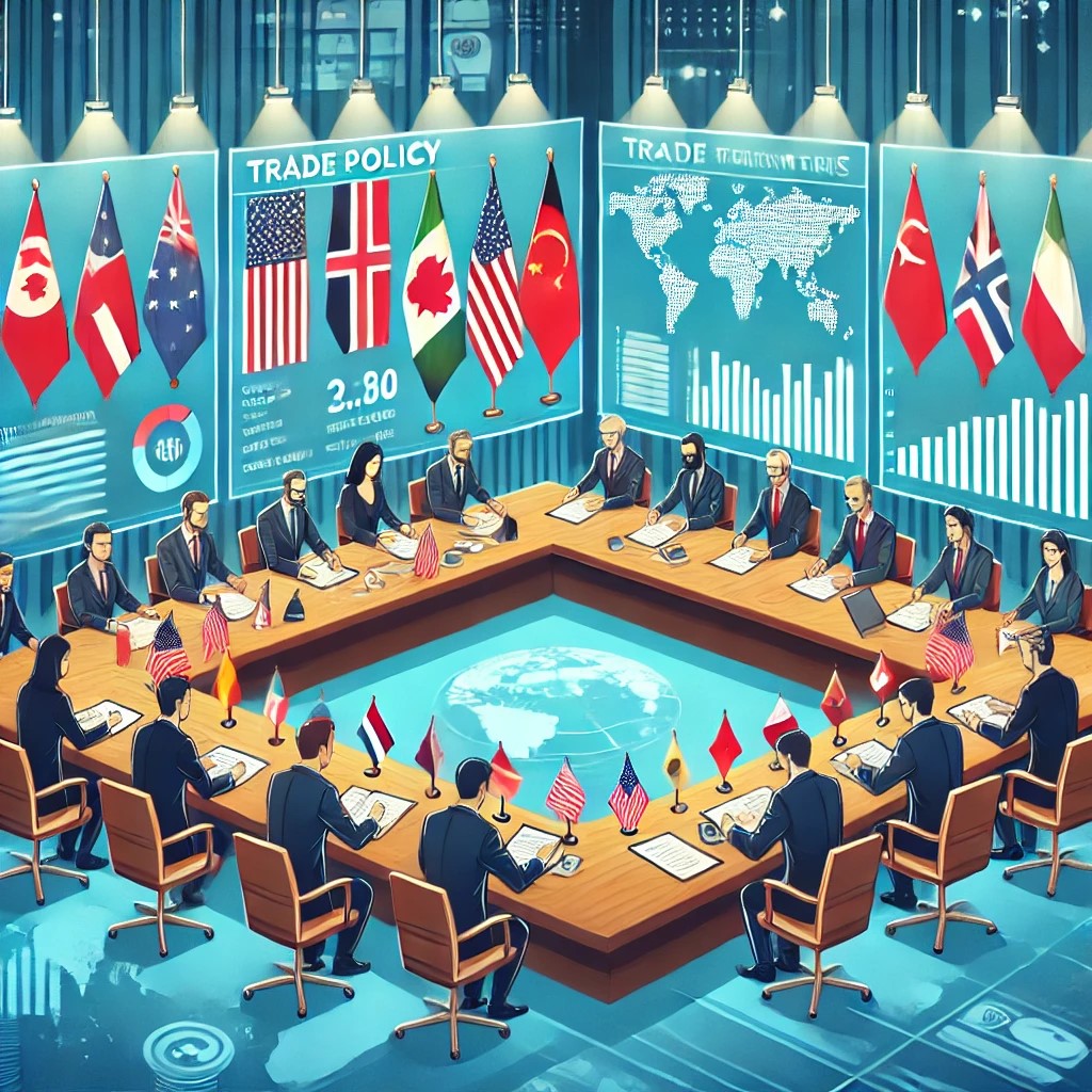 DALL·E 2024-07-27 09.42.19 - A trade policy negotiation room with officials from different countries discussing agreements. The setting includes a table with flags, documents, and