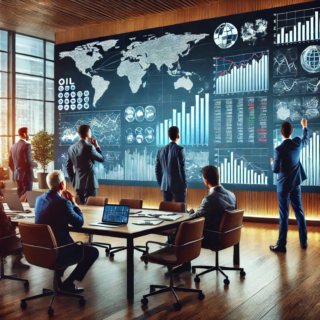 DALL·E 2024-07-29 03.33.18 - A group of investors in a modern office, analyzing charts and graphs of global commodity prices for oil, gold, and agricultural products on a large sc